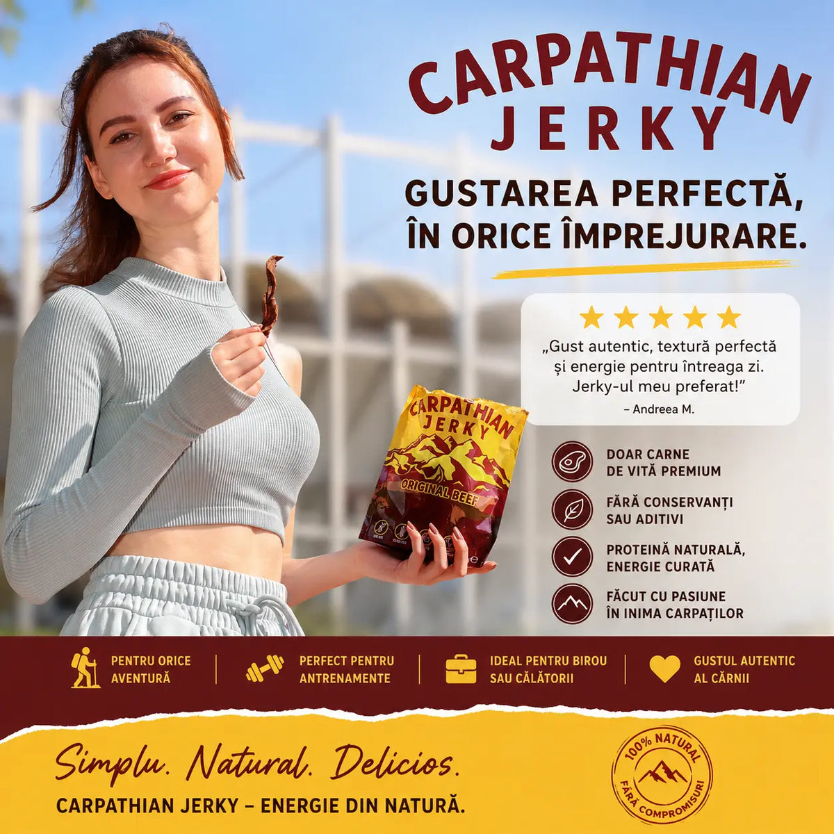 Carpathian Jerky Original Beef - atletă cu pachetul, recenzie 5 stele și beneficii
